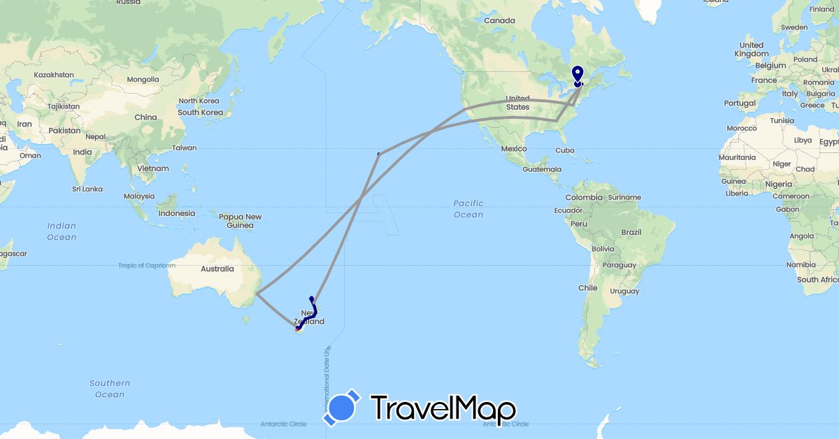 TravelMap itinerary: driving, bus, plane, hiking in Australia, Canada, New Zealand, United States (North America, Oceania)